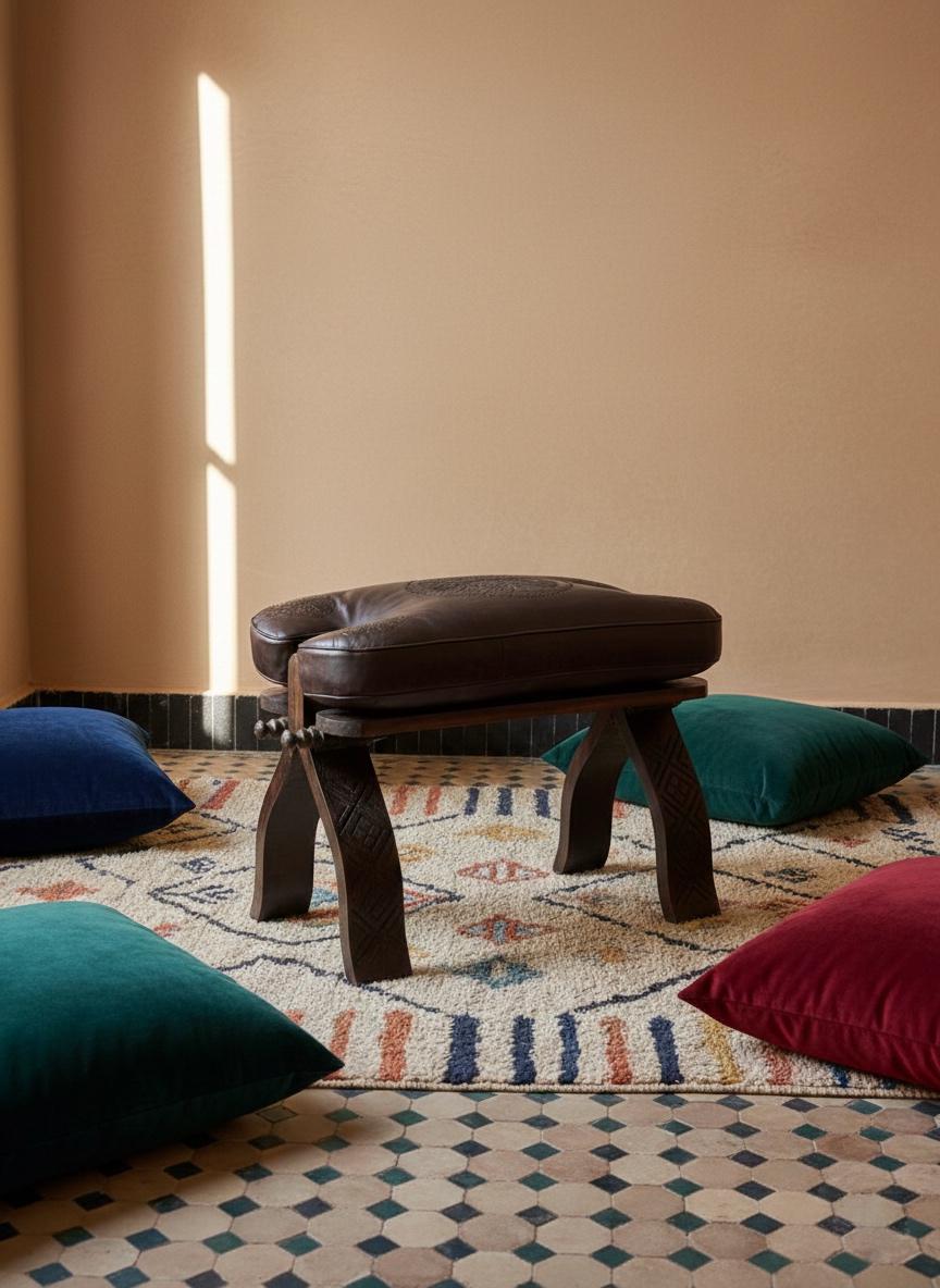 Tabouret Marocain Pliable en Bois & Cuir Naturel