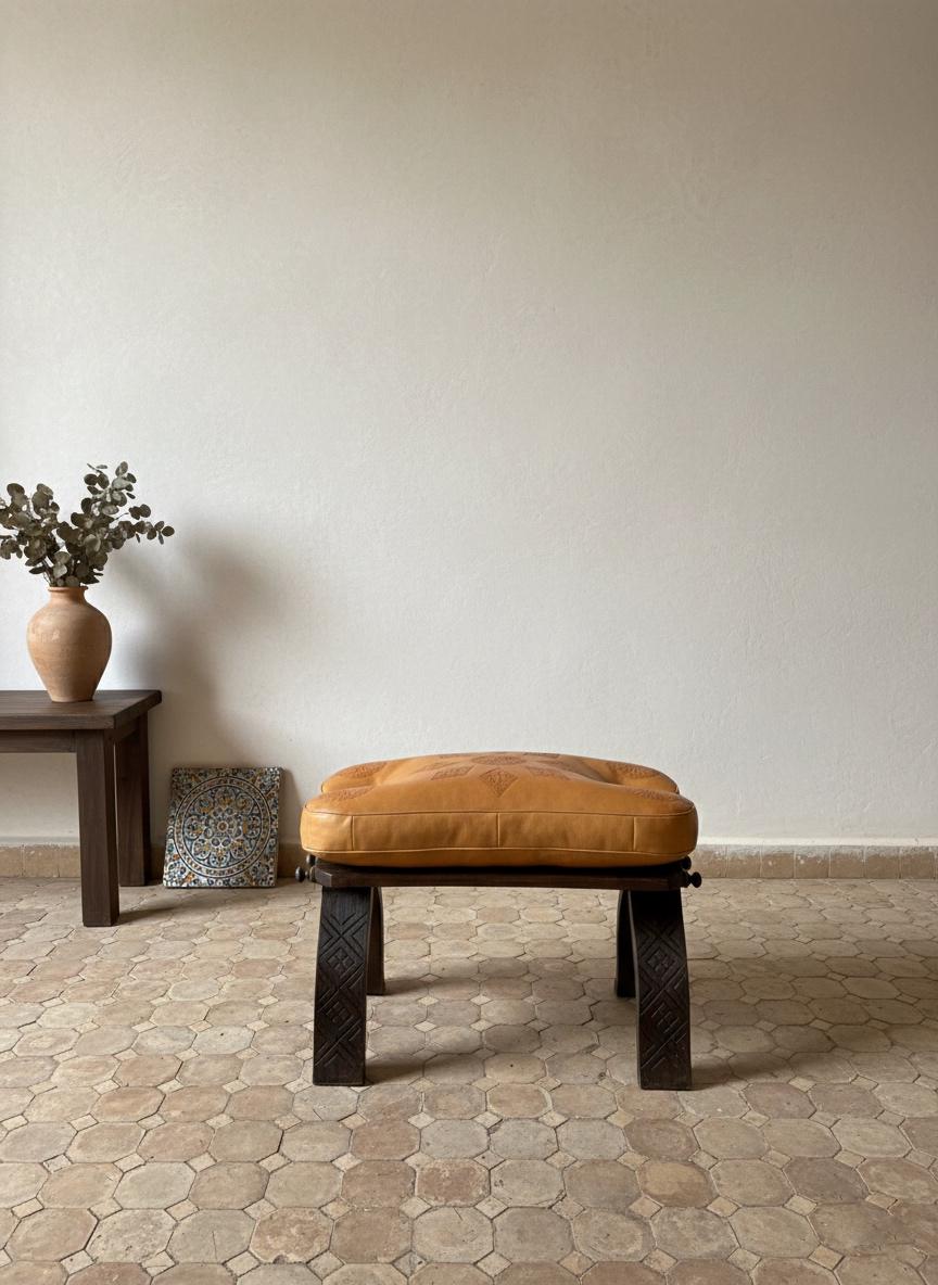 Tabouret Marocain Pliable en Bois & Cuir Naturel