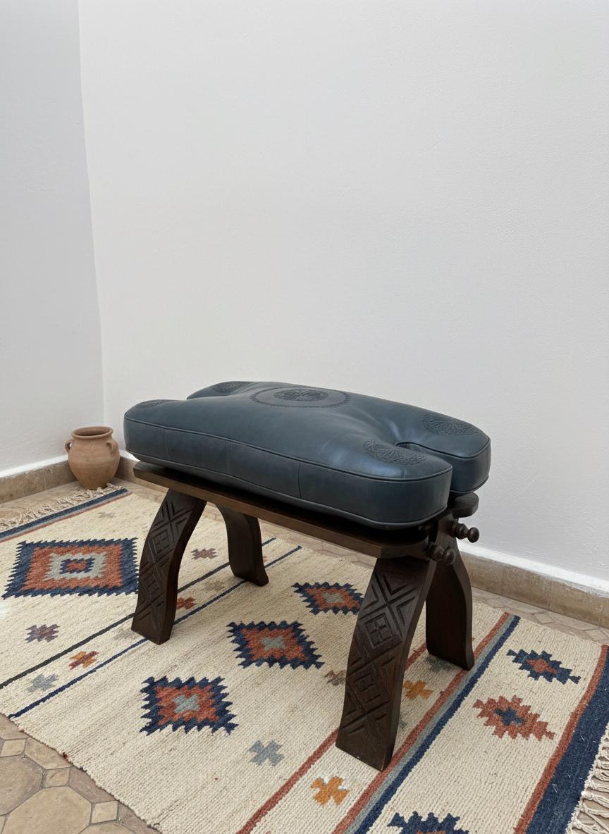 Tabouret Marocain Pliable en Bois & Cuir Naturel