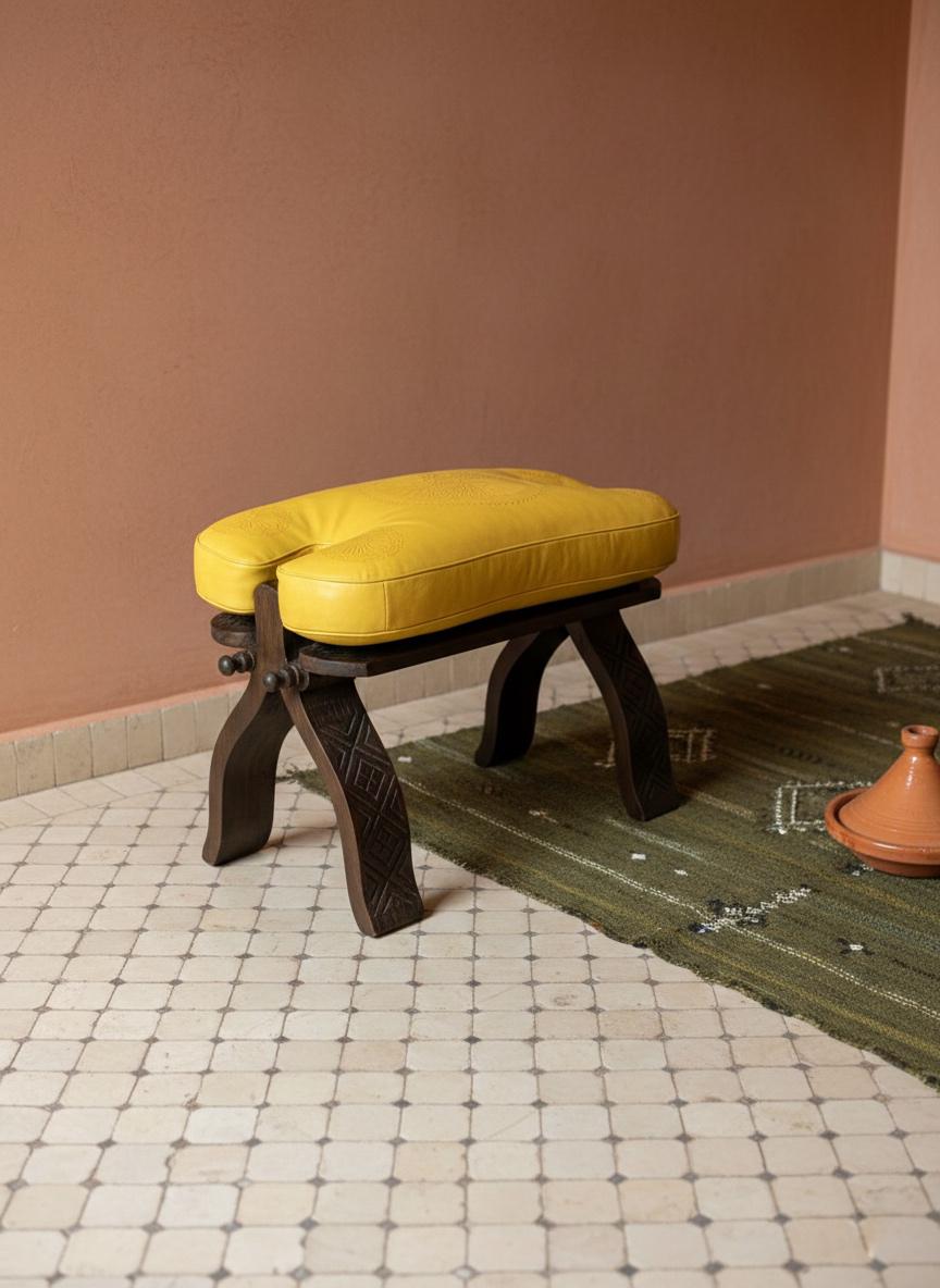 Tabouret Marocain Pliable en Bois & Cuir Naturel