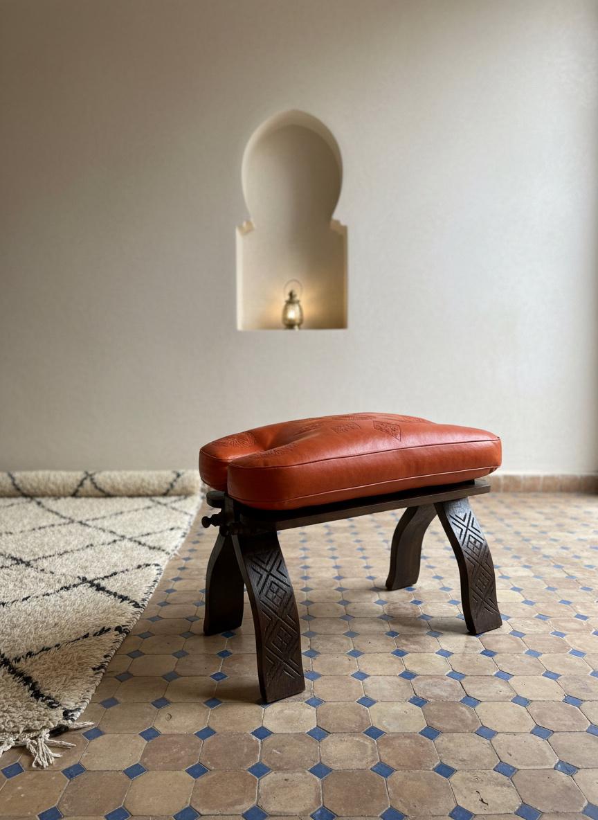 Tabouret Marocain Pliable en Bois & Cuir Naturel