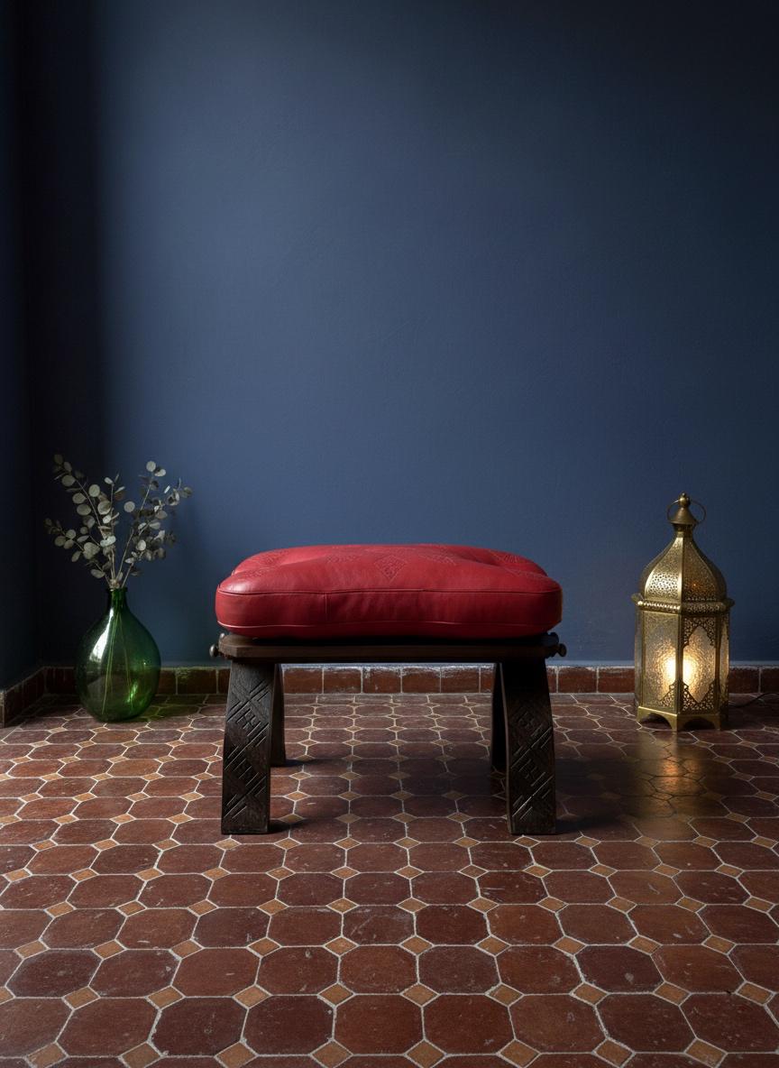 Tabouret Marocain Pliable en Bois & Cuir Naturel