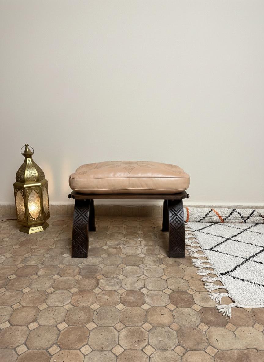 Tabouret Marocain Pliable en Bois & Cuir Naturel