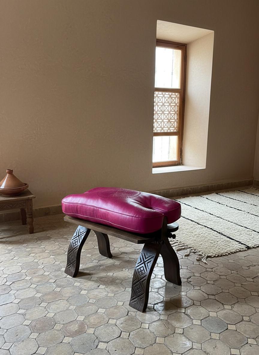 Tabouret Marocain Pliable en Bois & Cuir Naturel
