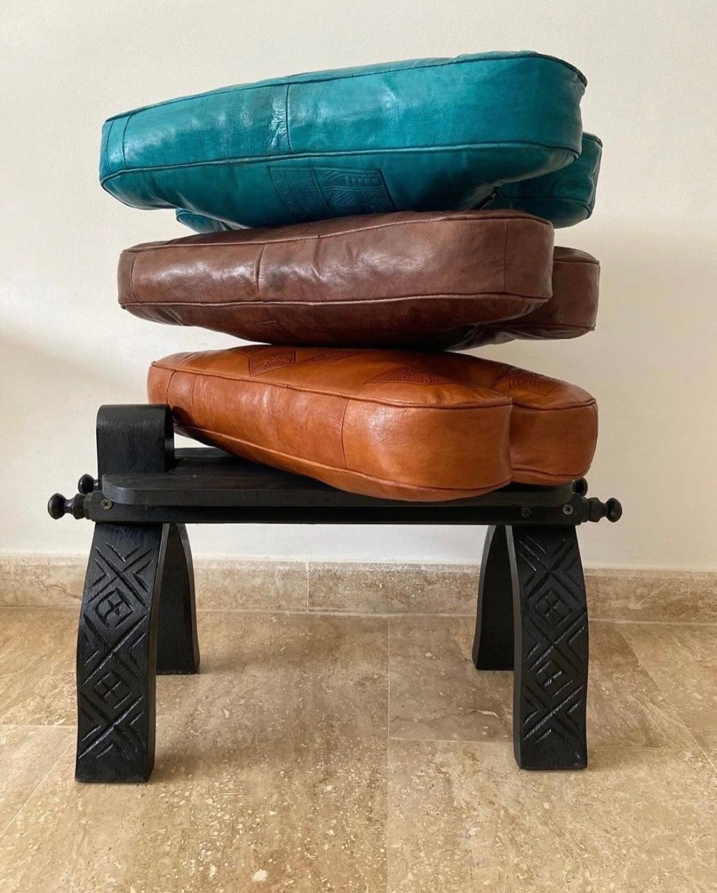 Tabouret Marocain Pliable en Bois & Cuir Naturel