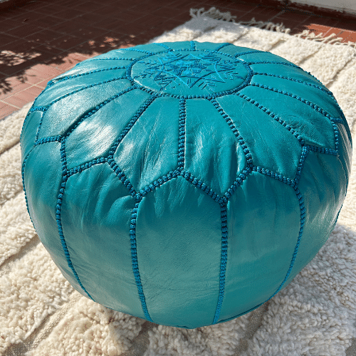 Pouf berbère en cuir Bleu - SAFIA RUGS