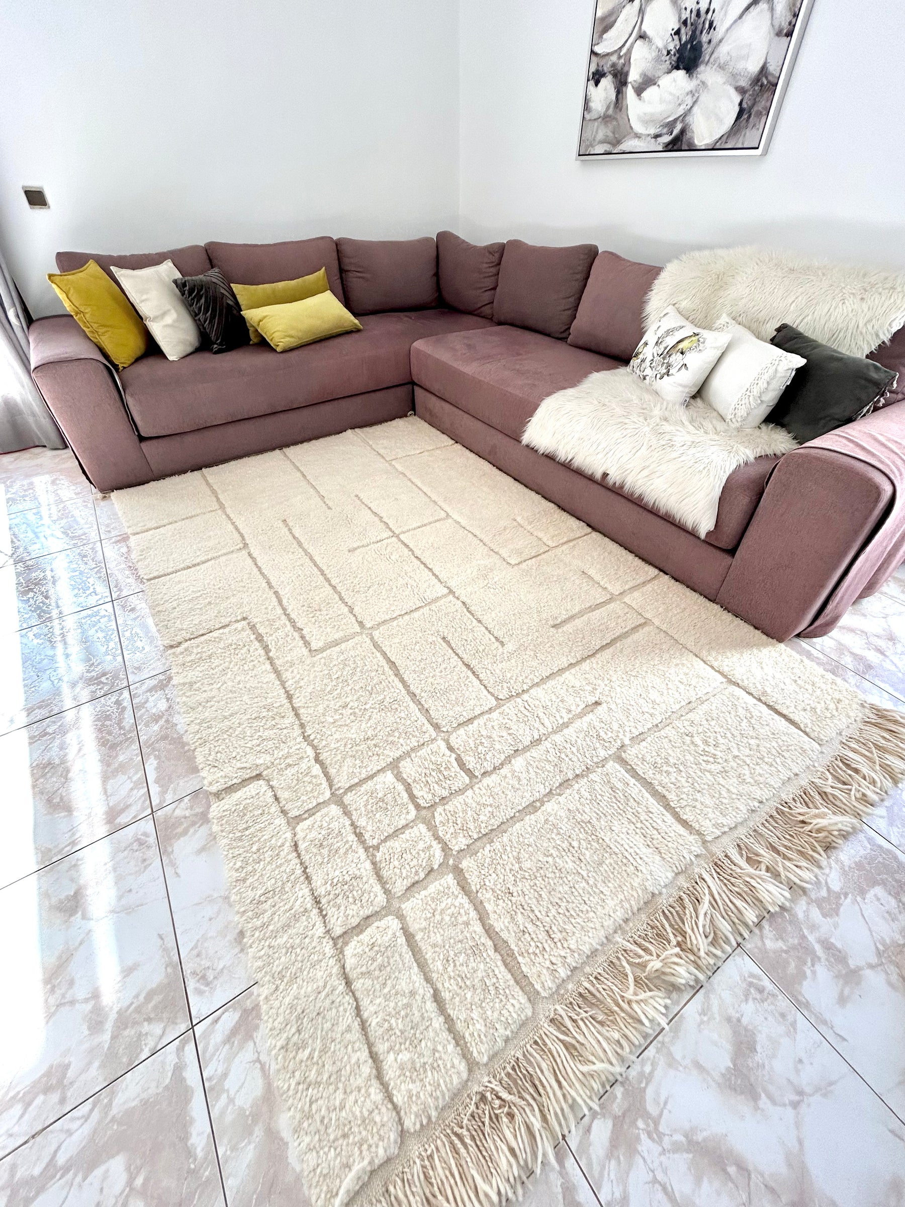 Tapis Beni Ouarain Blanc et lignes blanches design - SAFIA RUGS