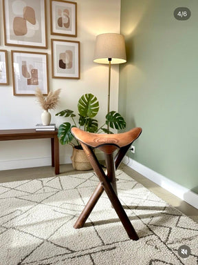 Tabouret Marocain en Bois & Cuir Naturel