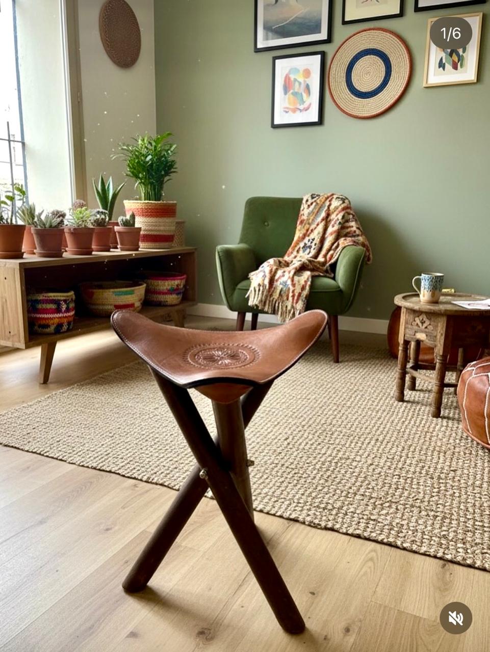 Tabouret Marocain en Bois & Cuir Naturel