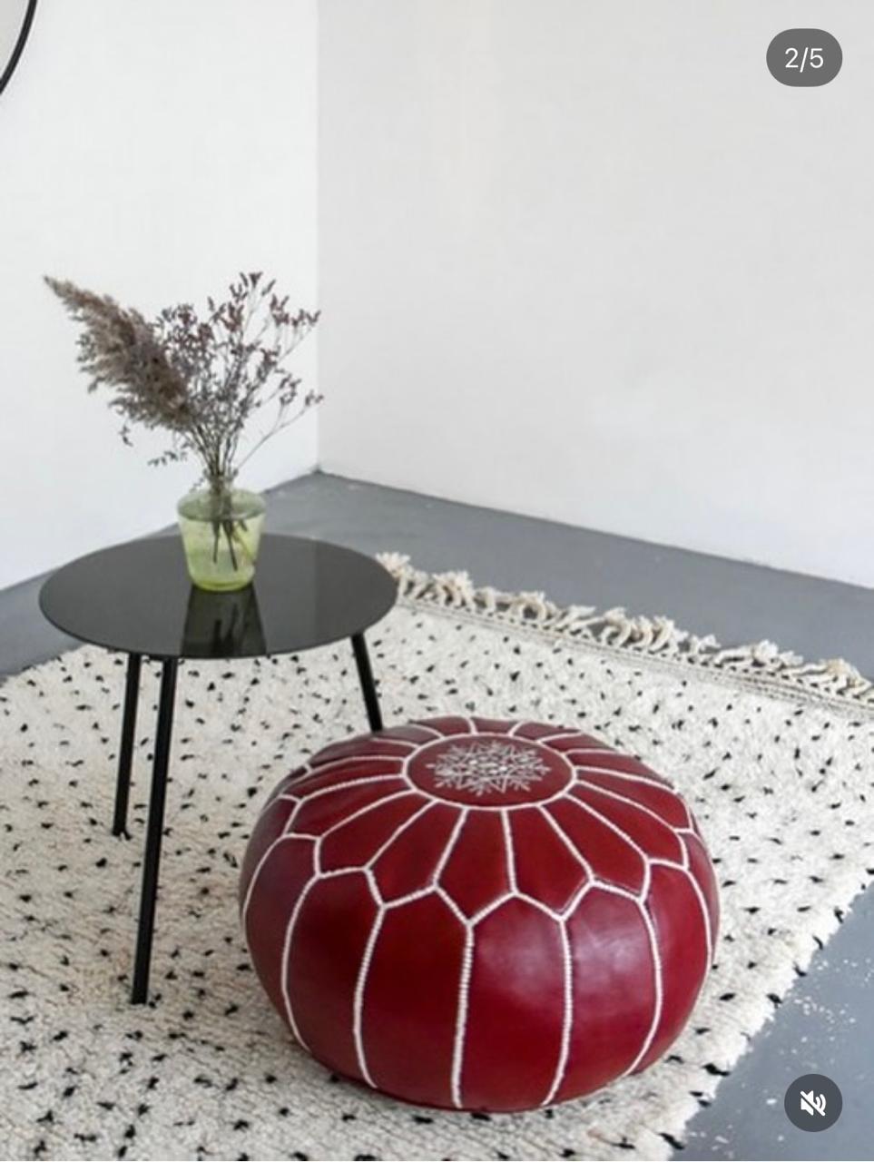 Pouf Berbère en Cuir Rouge Grenat Véritable Brodé