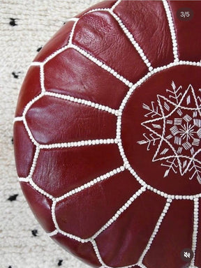 Pouf Berbère en Cuir Rouge Grenat Véritable Brodé