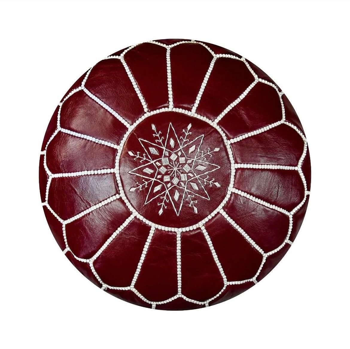 Pouf Berbère en Cuir Rouge Grenat Véritable Brodé