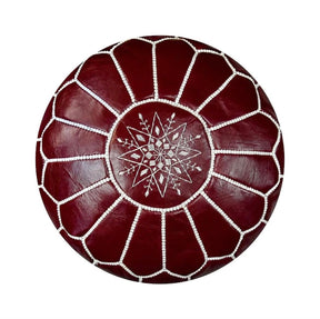 Pouf Berbère en Cuir Rouge Grenat Véritable Brodé