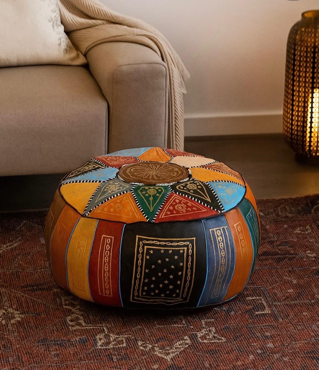 Pouf Berbère en Cuir multi-couleurs Brodé Artisanal