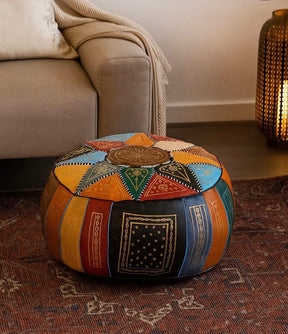 Pouf Berbère en Cuir multi-couleurs Brodé Artisanal