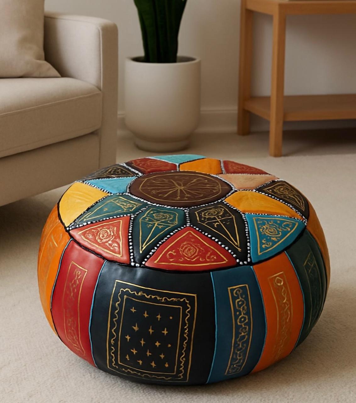 Pouf Berbère en Cuir multi-couleurs Brodé Artisanal