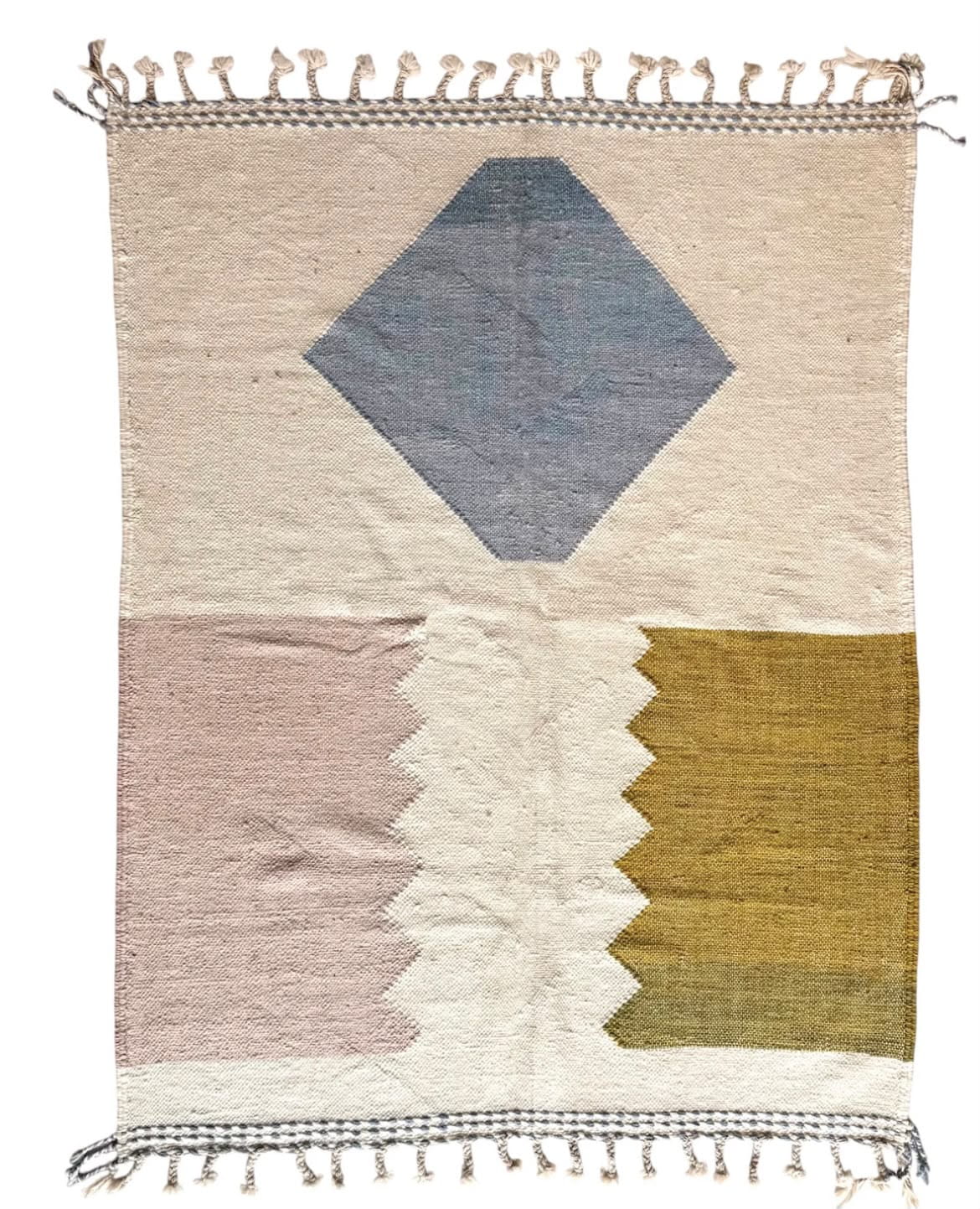 Tapis Berbère Zanafi Blanc aux Motifs Bleu Ciel, Rose et Vert