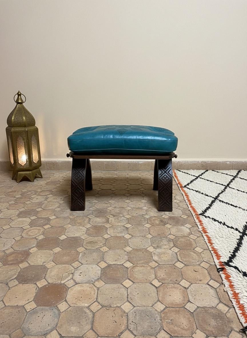 Tabouret Marocain Pliable en Bois & Cuir Naturel