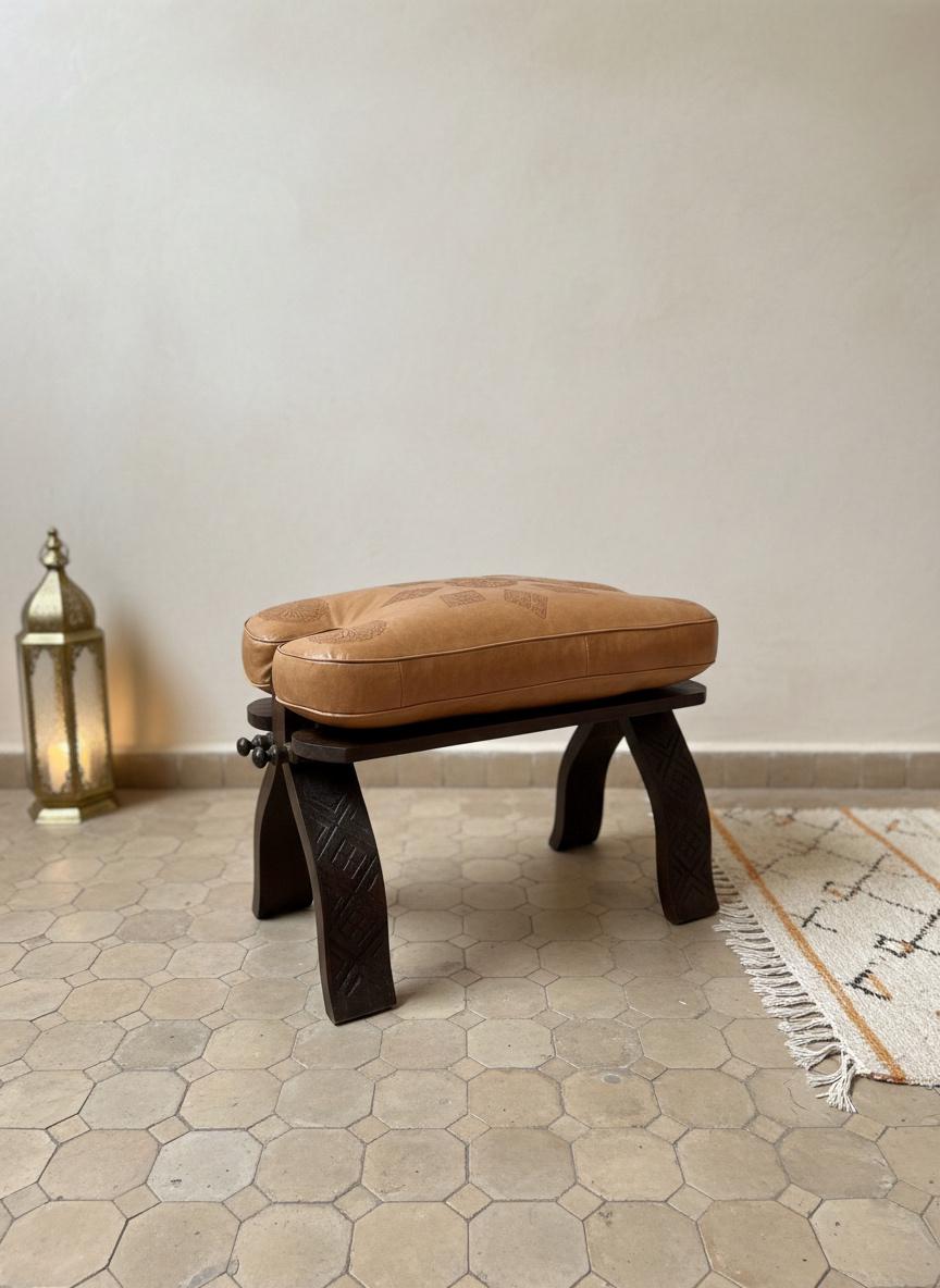 Tabouret Marocain Pliable en Bois & Cuir Naturel