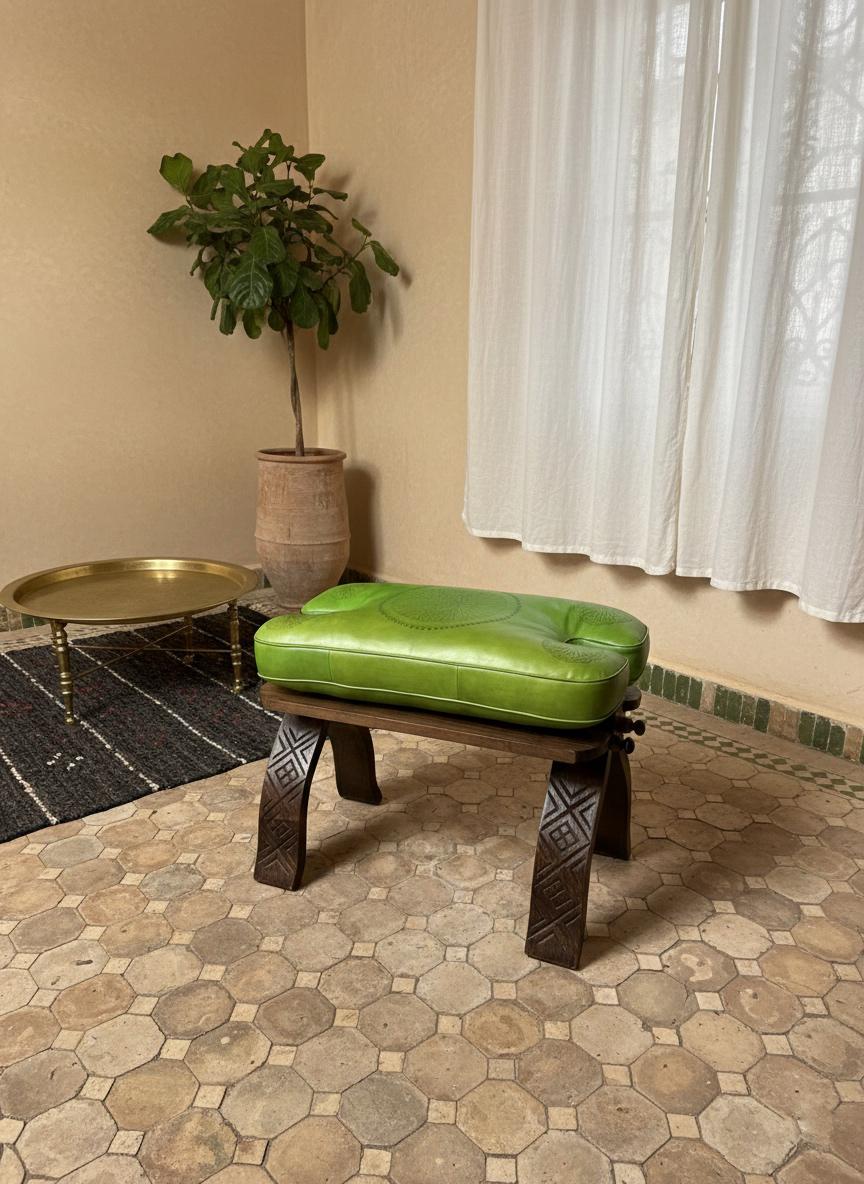 Tabouret Marocain Pliable en Bois & Cuir Naturel