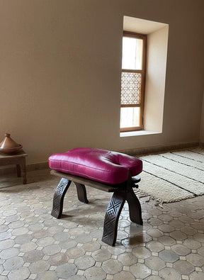 Tabouret Marocain Pliable en Bois & Cuir Naturel