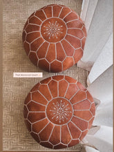 Pouf Berbère en Cuir Tabac Véritable Brodé
