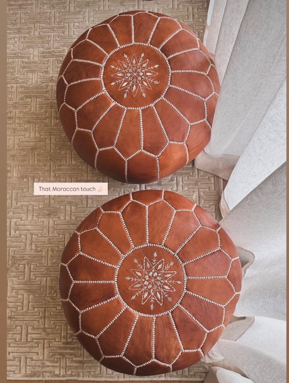 Pouf Berbère en Cuir Tabac Véritable Brodé