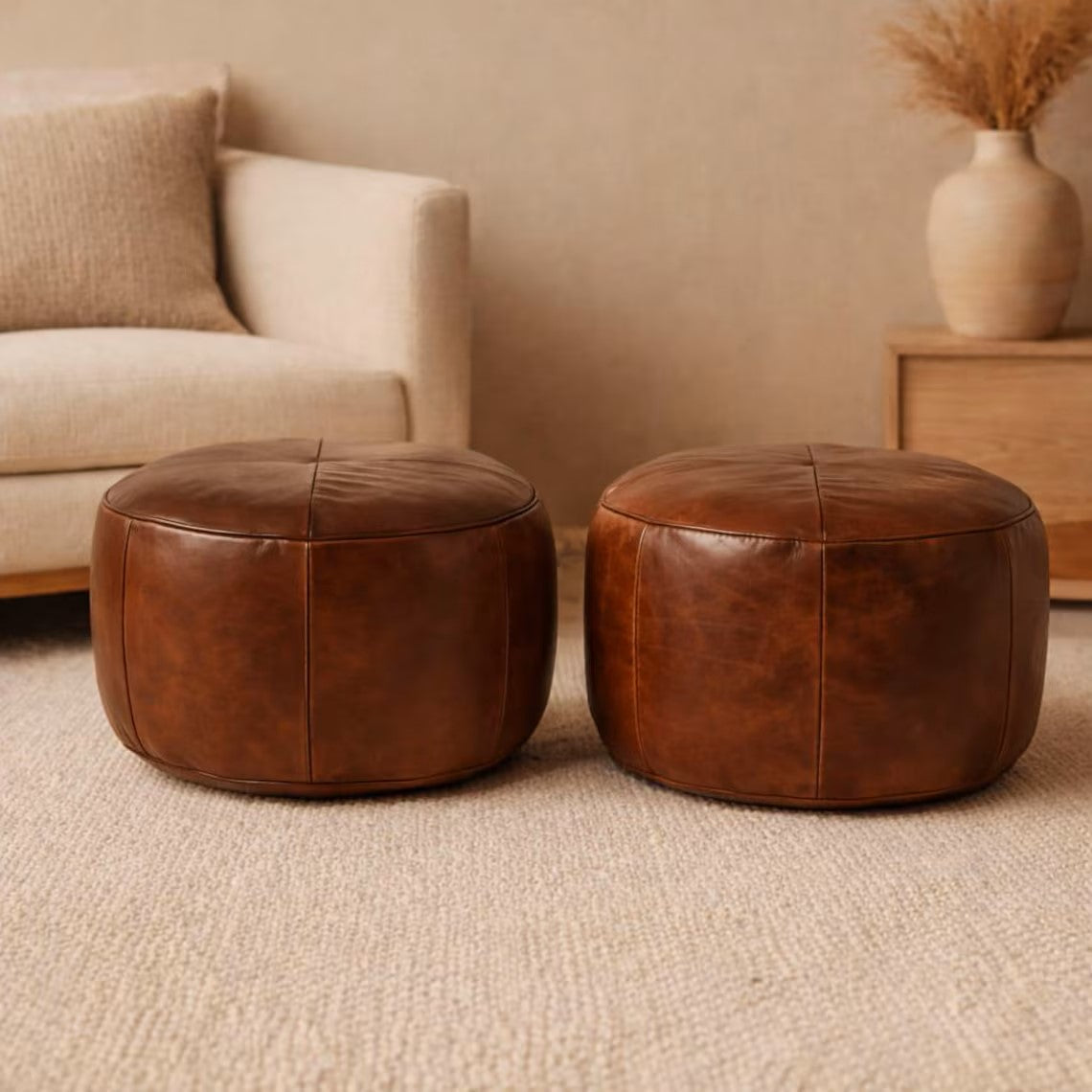 Pouf moderne en Cuir Naturel Marocain