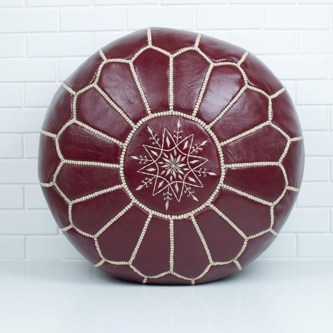 Pouf Brodé en Cuir – Bordeaux - SAFIA RUGS