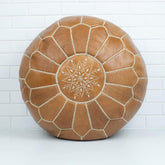 Pouf Brodé en Cuir – Camel - SAFIA RUGS