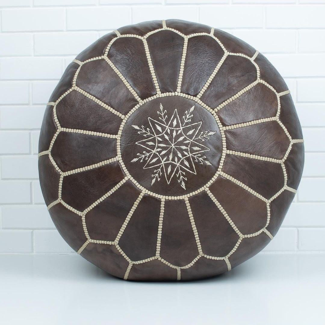 Pouf Brodé en Cuir – Chocolat - SAFIA RUGS