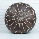 Pouf Brodé en Cuir – Chocolat - SAFIA RUGS