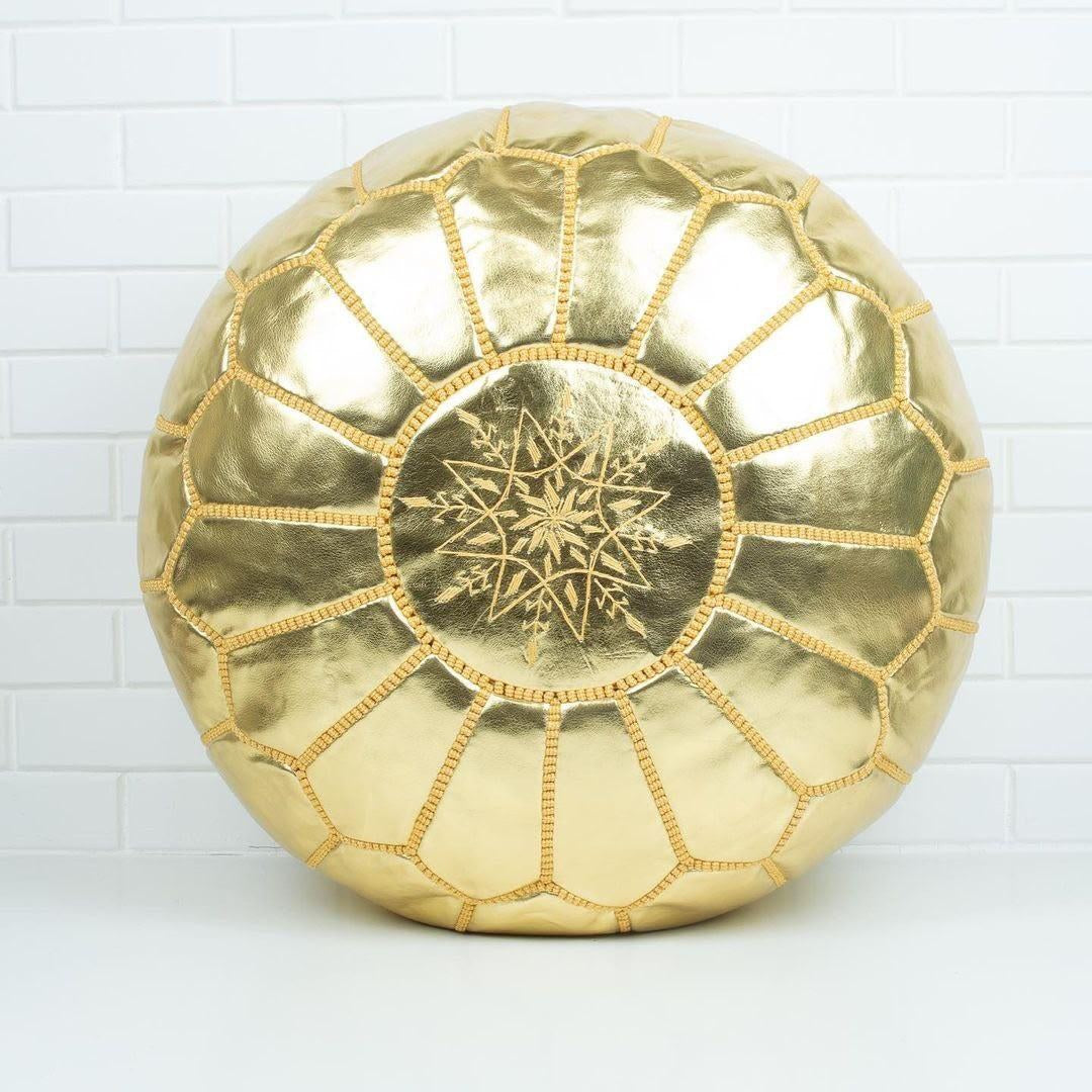 Pouf Brodé en Cuir – Or - SAFIA RUGS