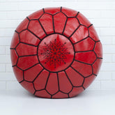Pouf Brodé en Cuir – Rouge, fil noir - SAFIA RUGS